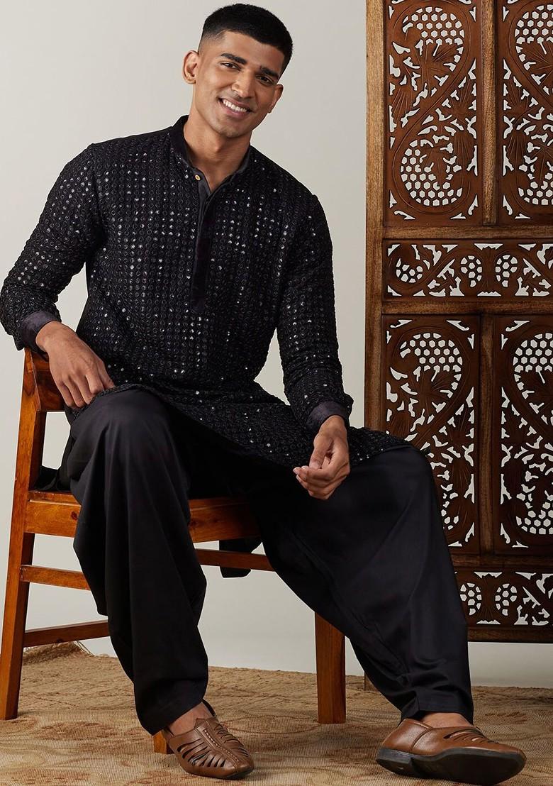 Black Embroidered Georgette Kurta For Men