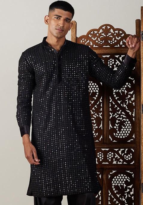 Black Embroidered Georgette Kurta For Men