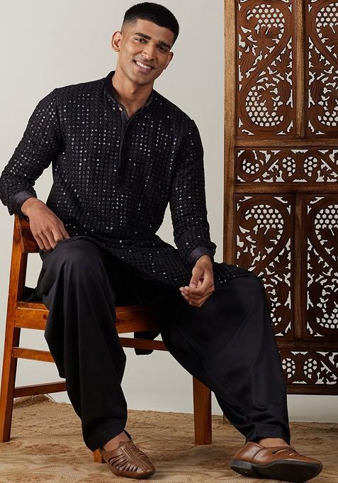 Black Embroidered Georgette Kurta For Men
