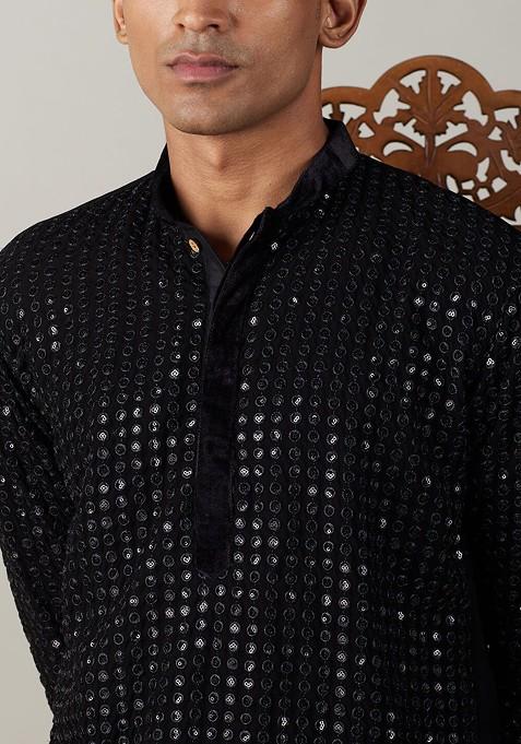 Black Embroidered Georgette Kurta For Men