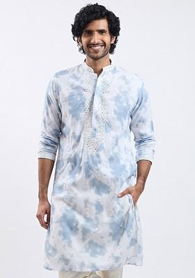 Grey Floral Print Poly Blend Kurta For Men