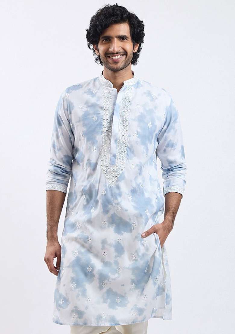 Grey Floral Print Poly Blend Kurta For Men - Indya