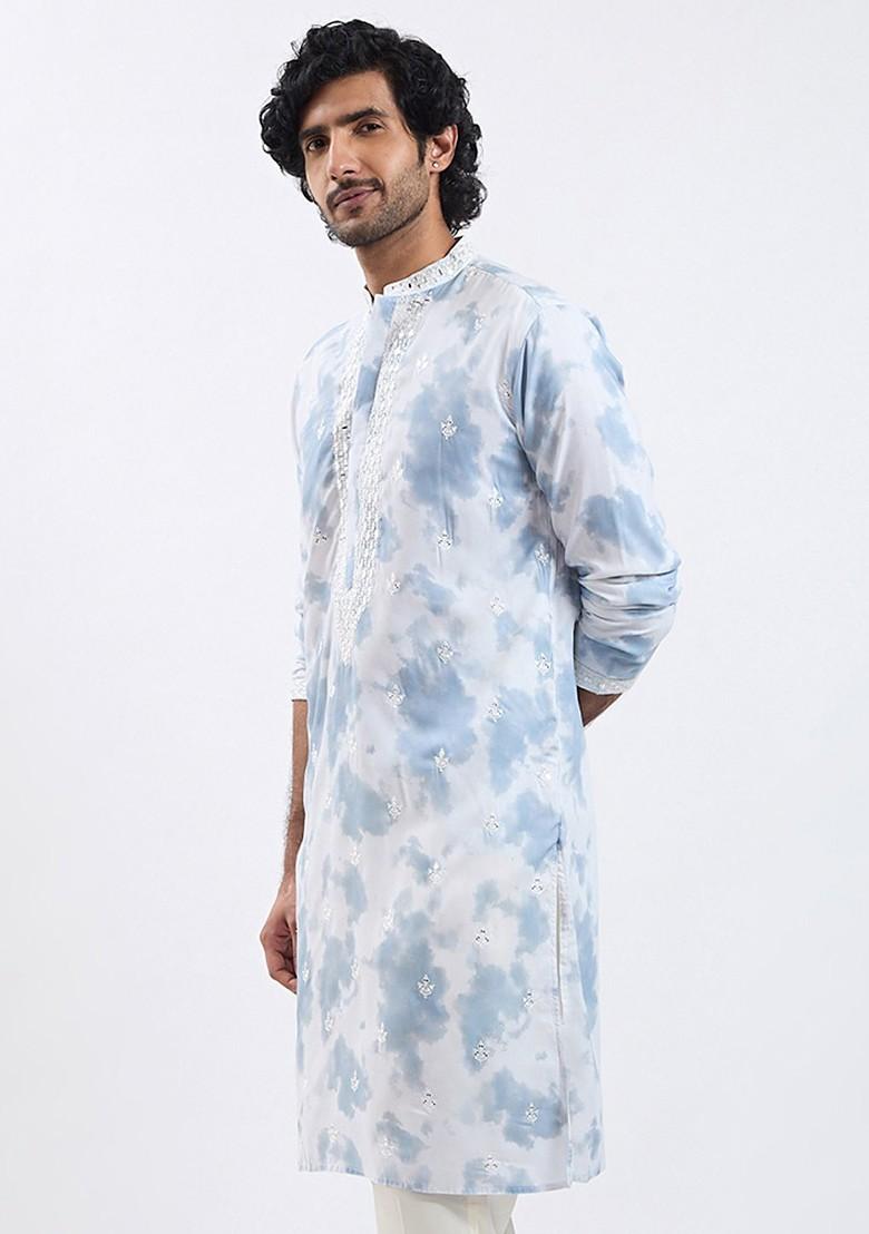 Grey Floral Print Poly Blend Kurta For Men