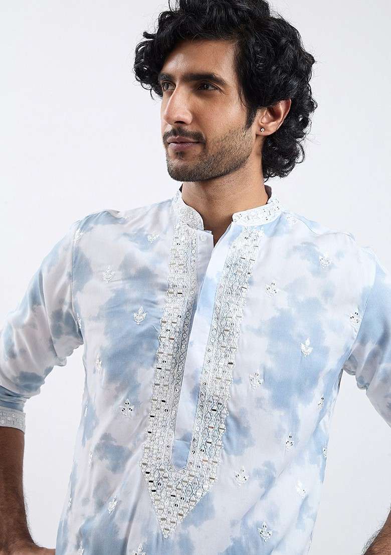 Grey Floral Print Poly Blend Kurta For Men - Indya