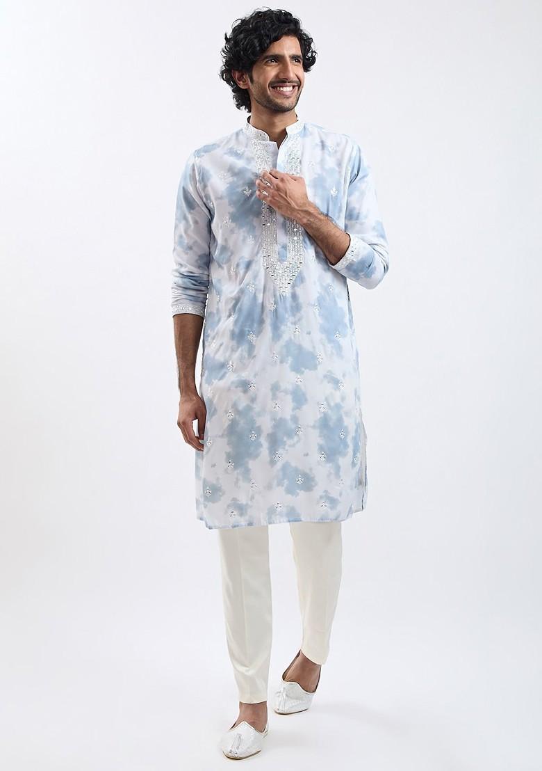 Grey Floral Print Poly Blend Kurta For Men
