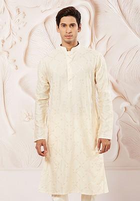 Cream Ethnic Motifs Poly Blend Kurta For Men