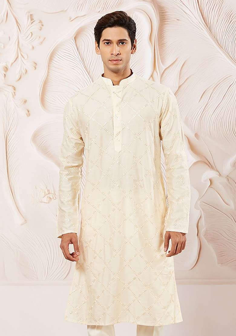 Cream Ethnic Motifs Poly Blend Kurta For Men - Indya