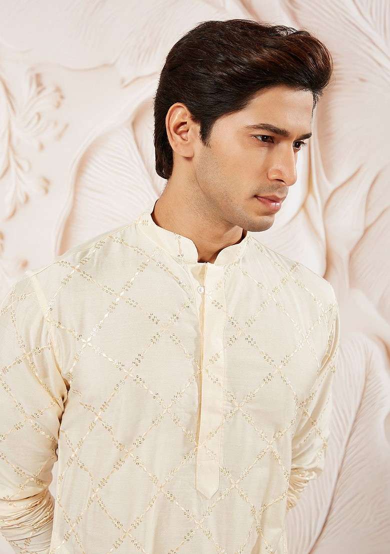 Cream Ethnic Motifs Poly Blend Kurta For Men - Indya