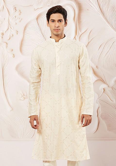 Cream Ethnic Motifs Poly Blend Kurta For Men — view on Indya