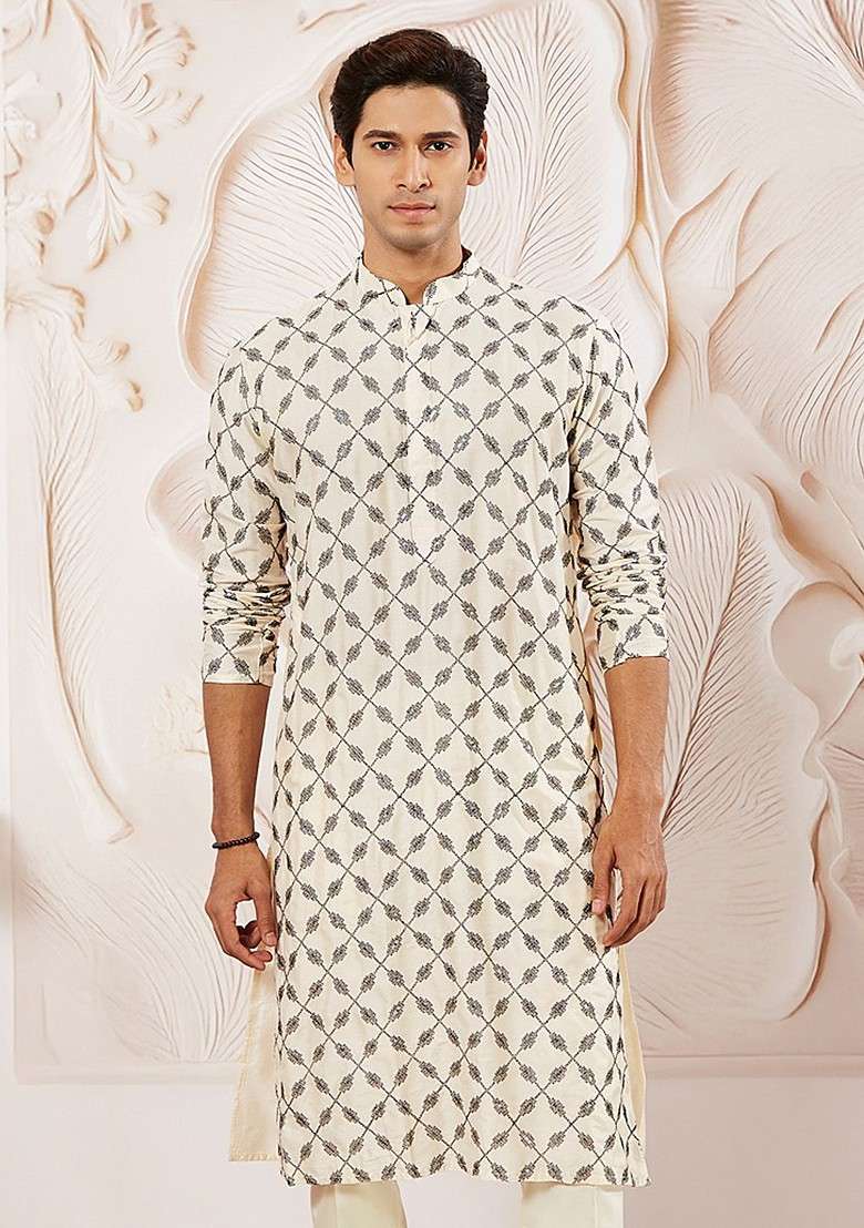 Cream Ethnic Motifs Poly Blend Kurta For Men - Indya