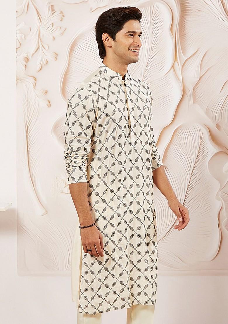 Cream Ethnic Motifs Poly Blend Kurta For Men