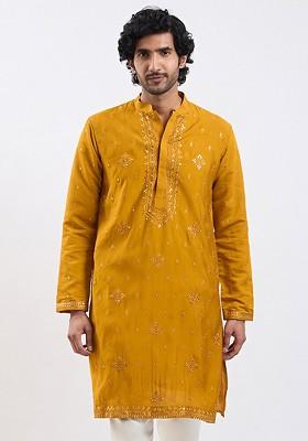 Mustard Ethnic Motifs Silk Kurta For Men