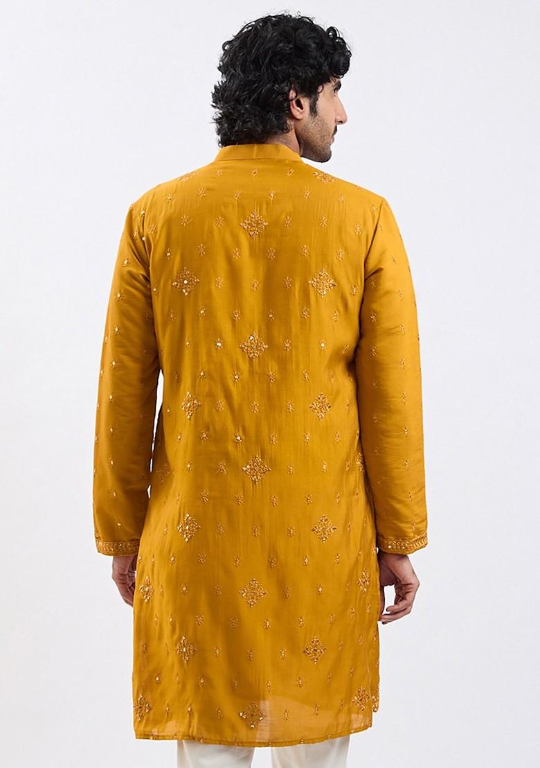 Mustard Ethnic Motifs Silk Kurta For Men