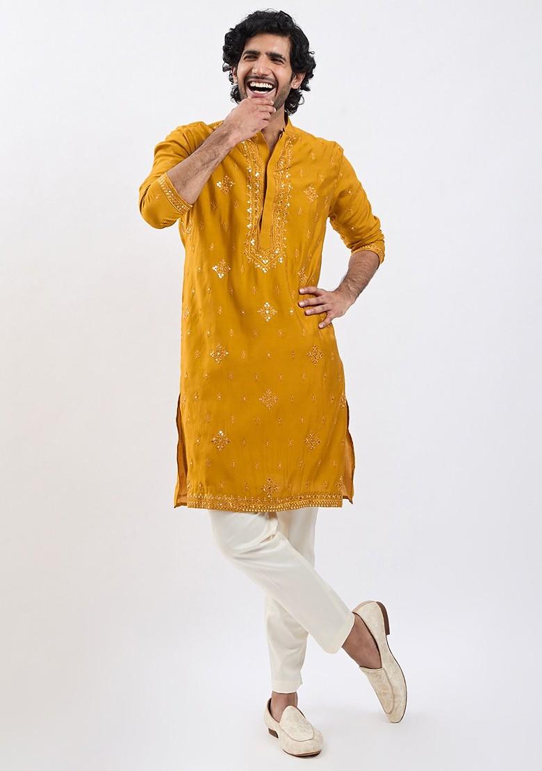 Mustard Ethnic Motifs Silk Kurta For Men