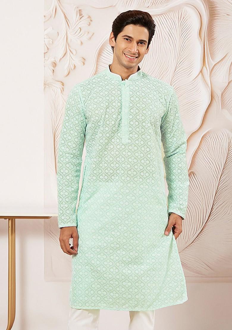 Green Ethnic Motifs Cotton Kurta For Men