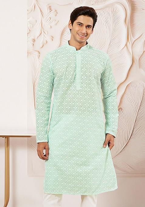 Green Ethnic Motifs Cotton Kurta For Men — view on Indya