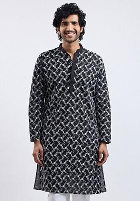 Black Floral Print Cotton Kurta For Men