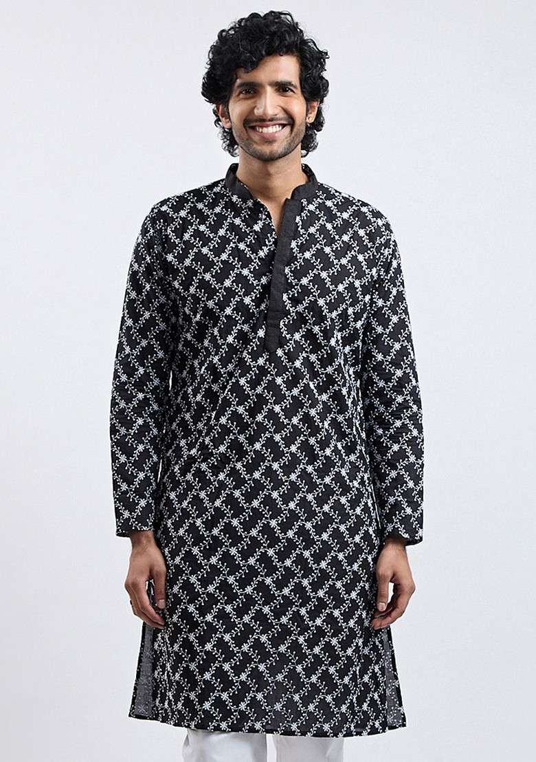 Black Floral Print Cotton Kurta For Men - Indya