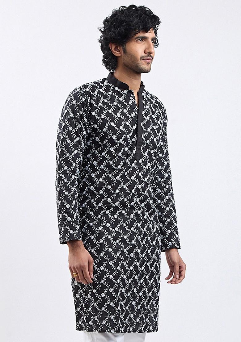 Black Floral Print Cotton Kurta For Men