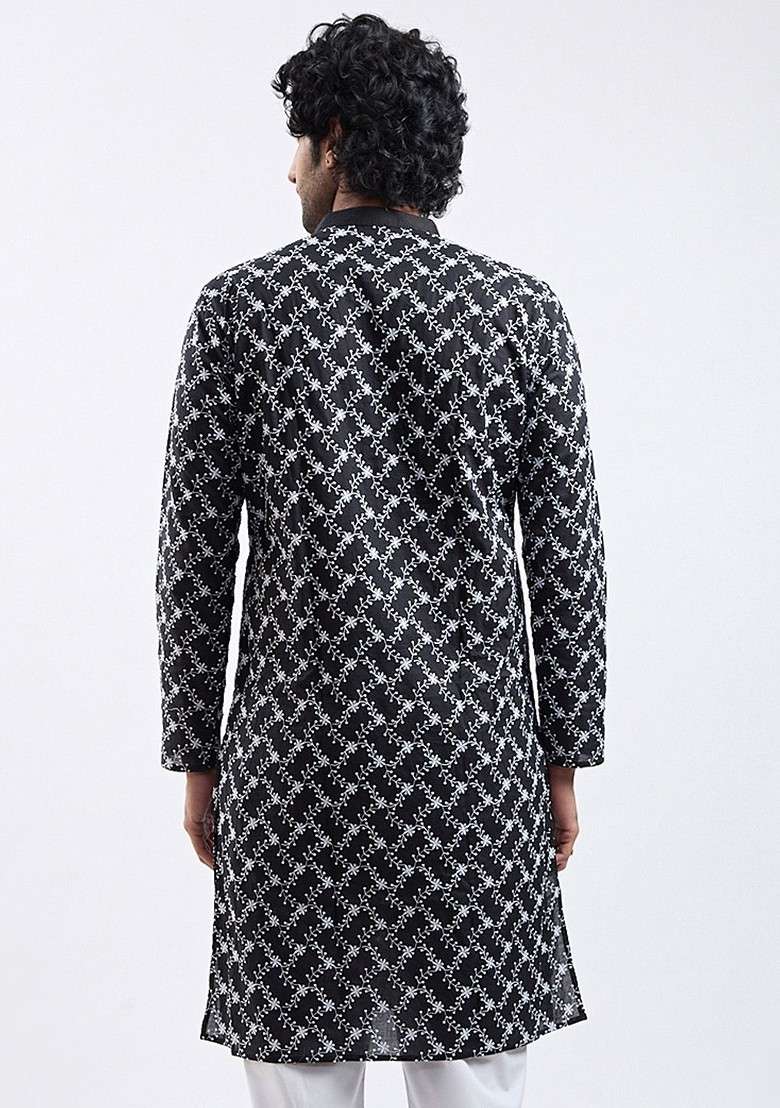 Black Floral Print Cotton Kurta For Men - Indya