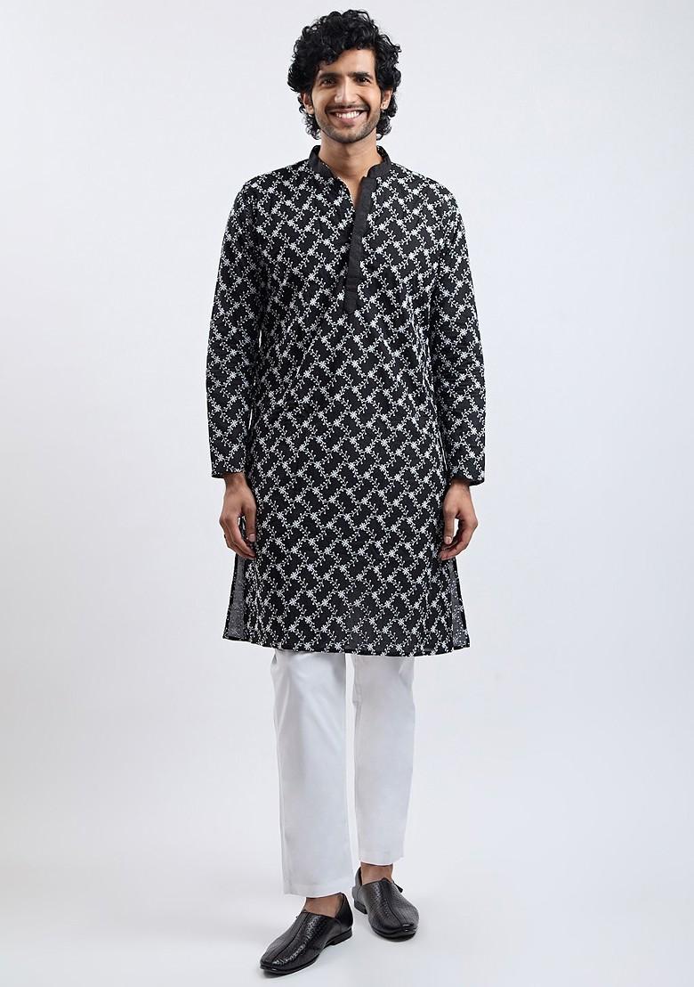 Black Floral Print Cotton Kurta For Men