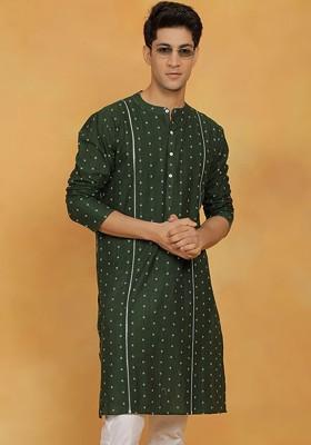 Green Geometric Print Cotton Kurta For Men
