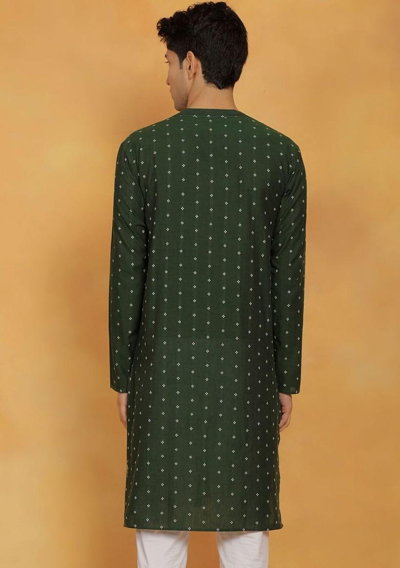 Green Geometric Print Cotton Kurta For Men