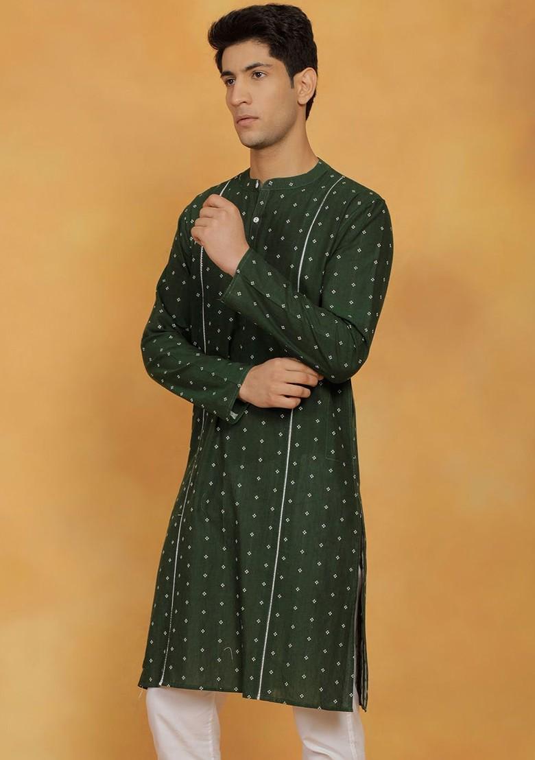Green Geometric Print Cotton Kurta For Men