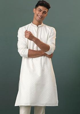 Cream Embroidered Poly Blend Kurta For Men