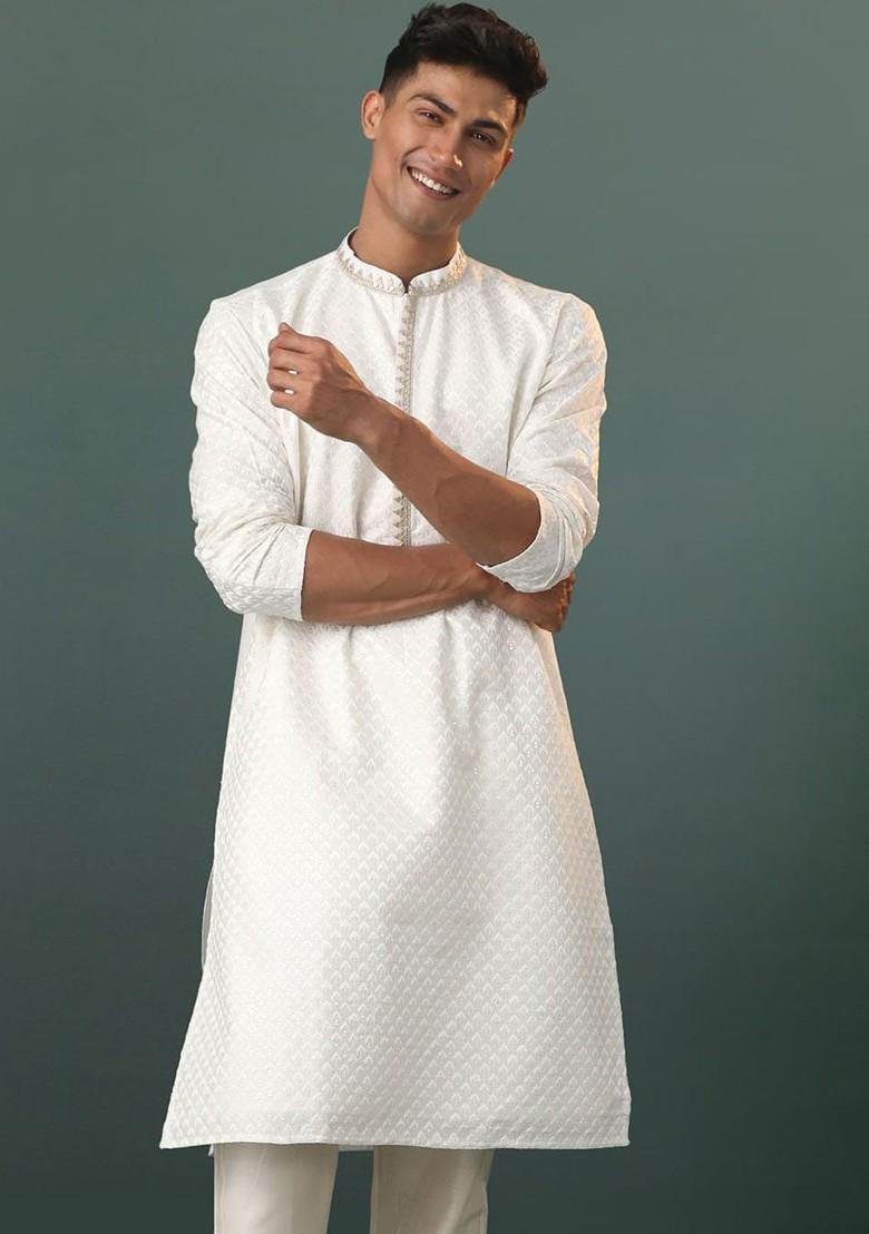Cream Embroidered Poly Blend Kurta For Men