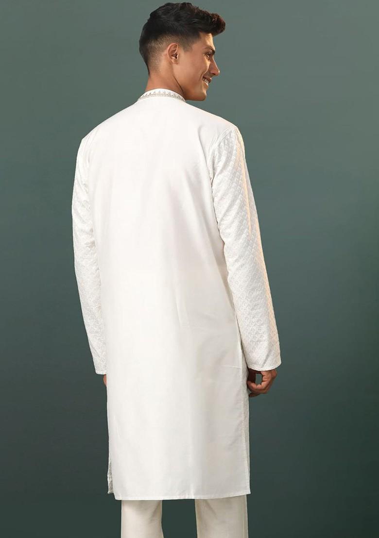 Cream Embroidered Poly Blend Kurta For Men