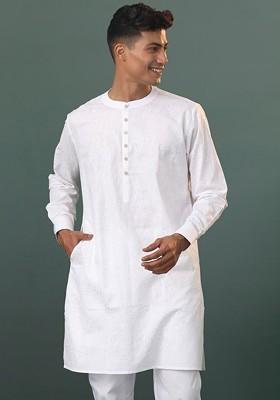 White Sequin Work Cotton Kurta For Men
