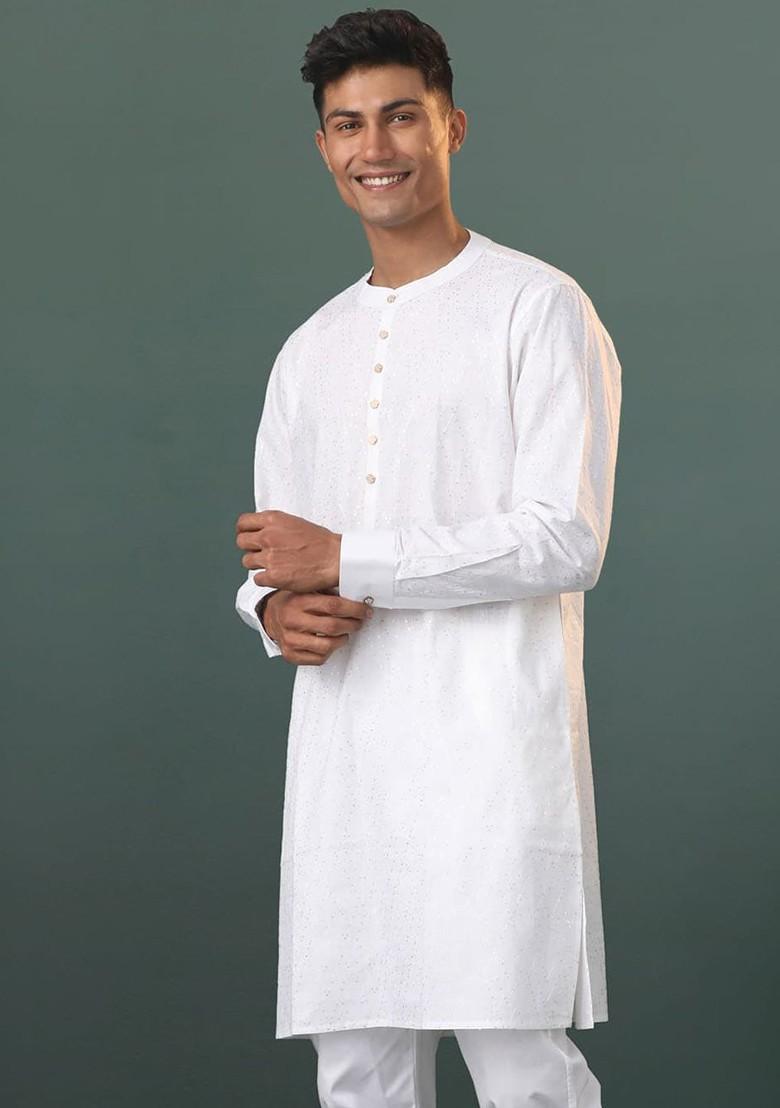 White Sequin Work Cotton Kurta For Men