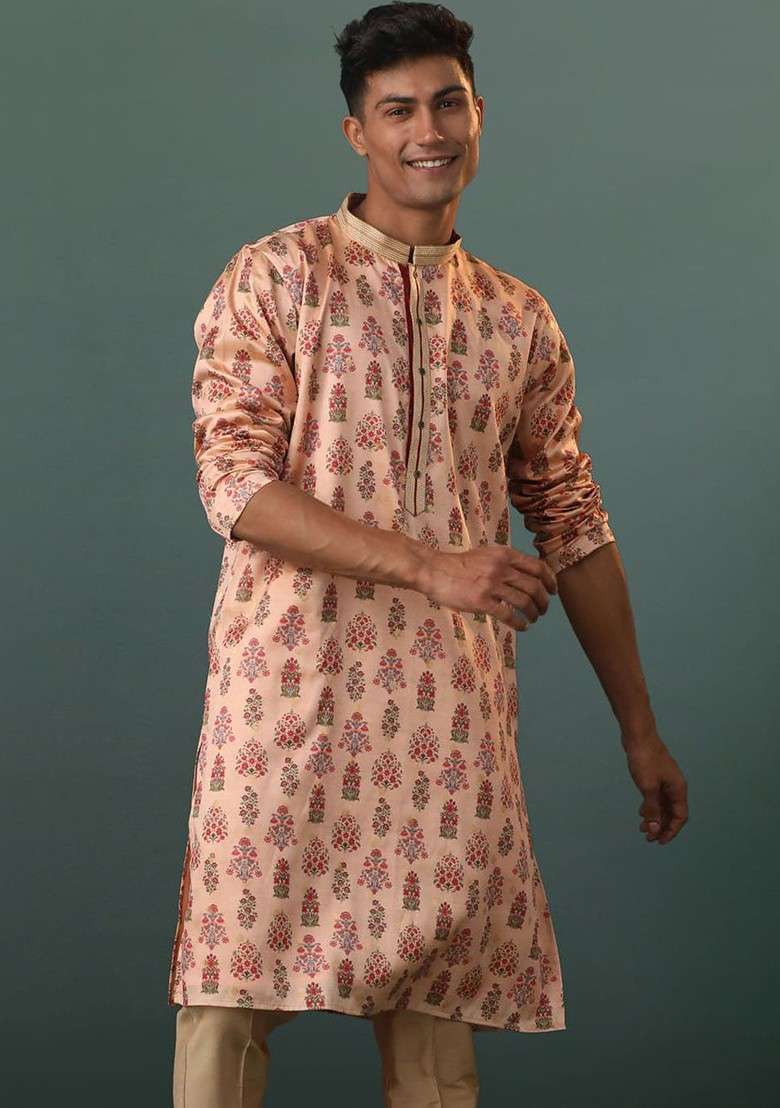 Peach Floral Print Silk Blend Kurta For Men - Indya