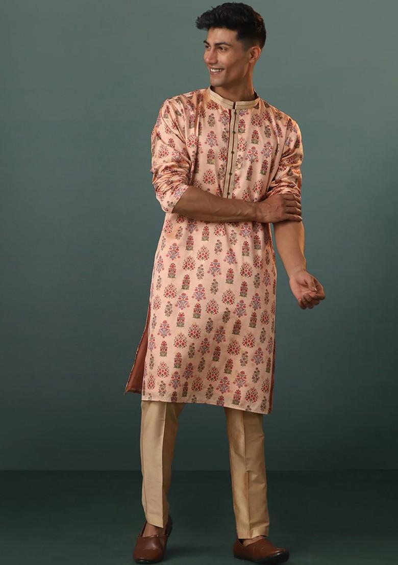 Peach Floral Print Silk Kurta For Men
