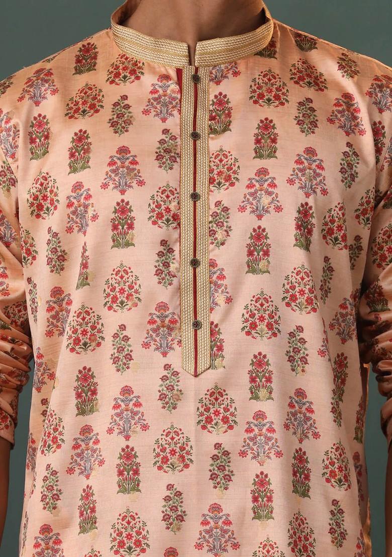 Peach Floral Print Silk Kurta For Men
