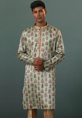 Blue Floral Print Poly Blend Kurta For Men