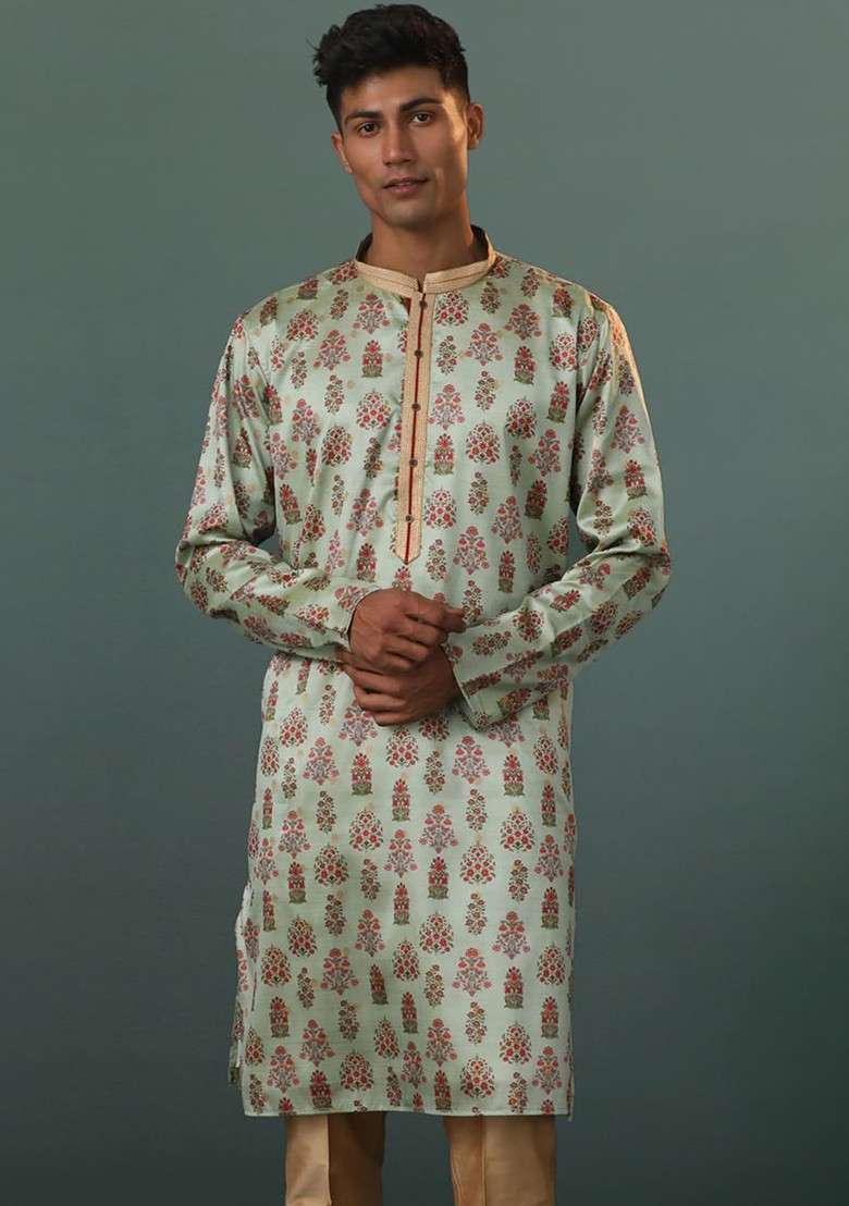 Blue Floral Print Poly Blend Kurta For Men - Indya