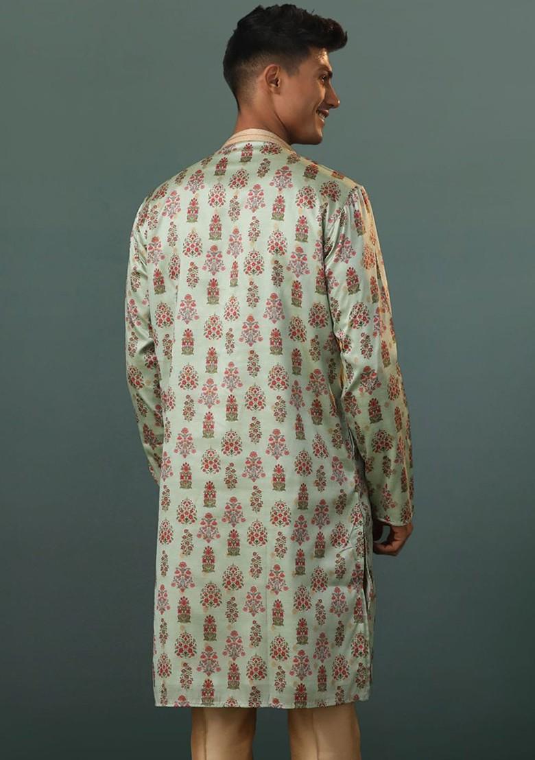 Blue Floral Print Poly Blend Kurta For Men