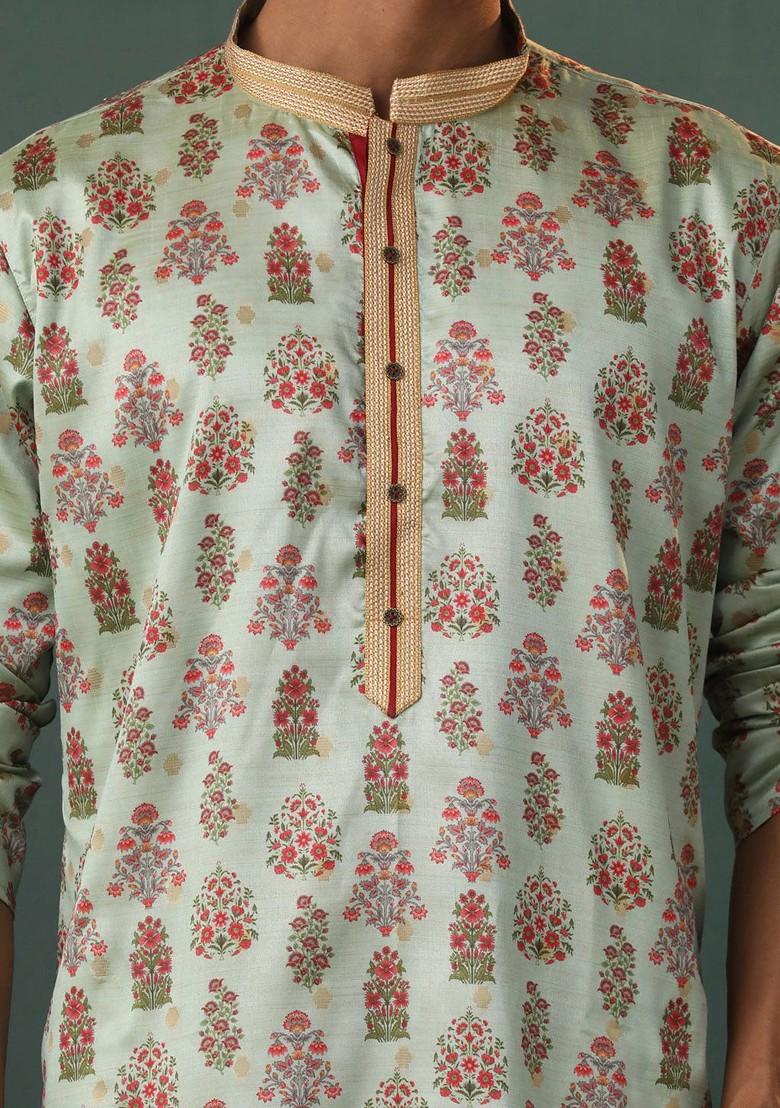 Blue Floral Print Poly Blend Kurta For Men
