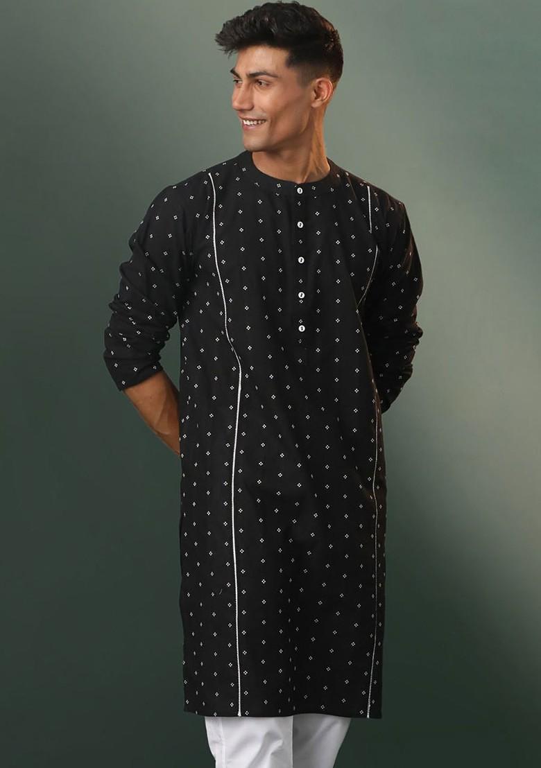 Black Geometric Print Cotton Kurta For Men