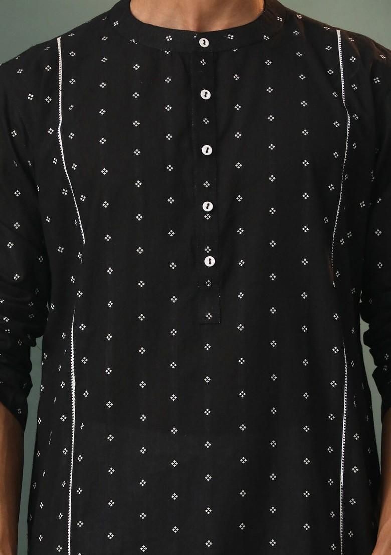 Black Geometric Print Cotton Kurta For Men
