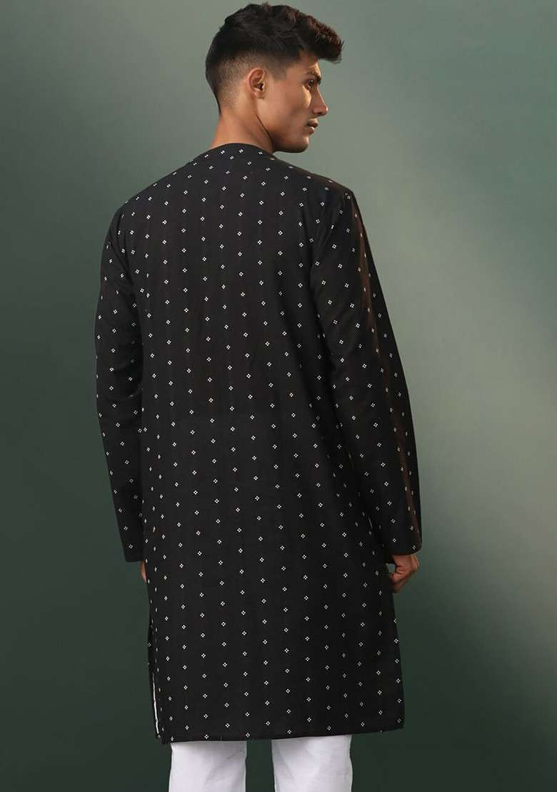 Black Geometric Print Cotton Kurta For Men - Indya