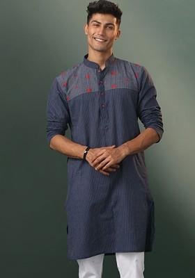 Navy Blue Thread Work Cotton Kurta For Men
