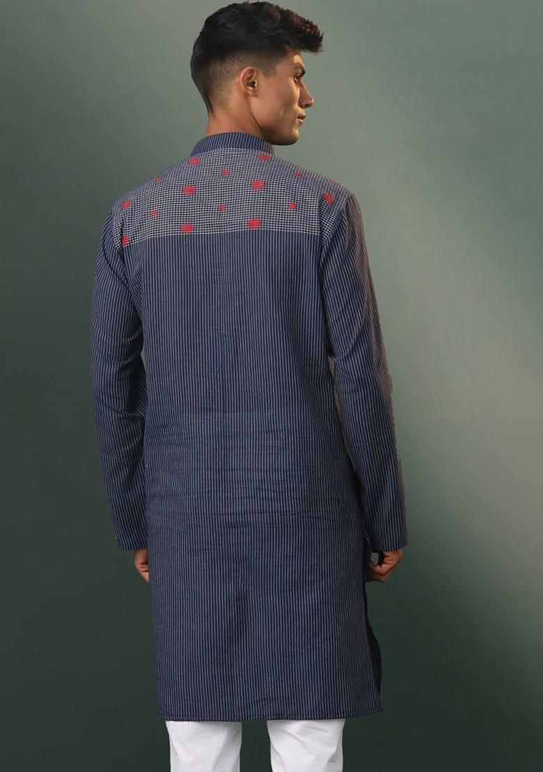 Navy Blue Thread Work Cotton Kurta For Men