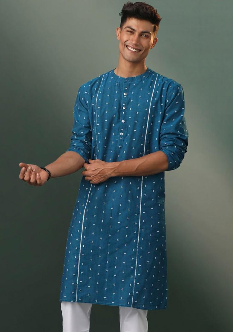Turquoise Blue Geometric Print Cotton Kurta For Men