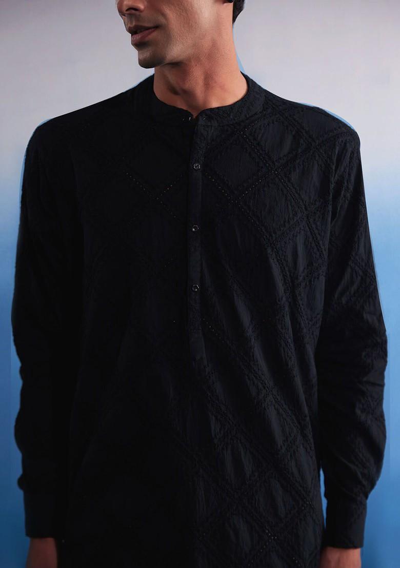 Black Embroidered Cotton Kurta For Men