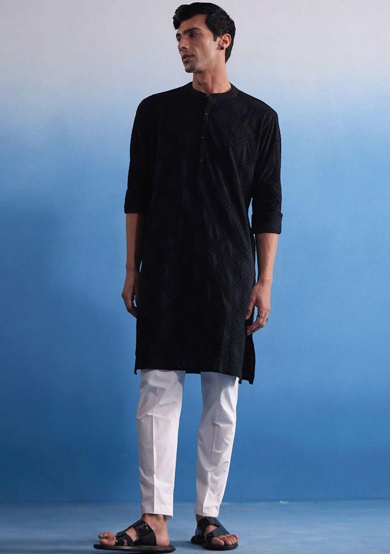 Black Embroidered Cotton Kurta For Men