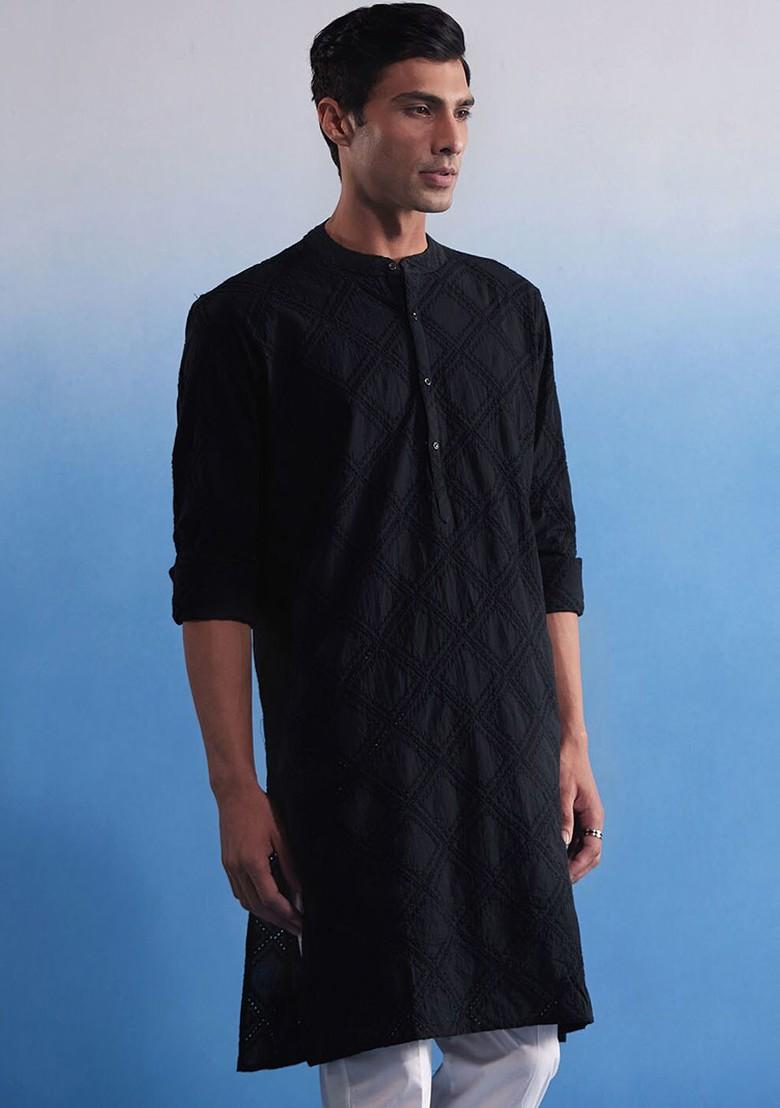 Black Embroidered Cotton Kurta For Men