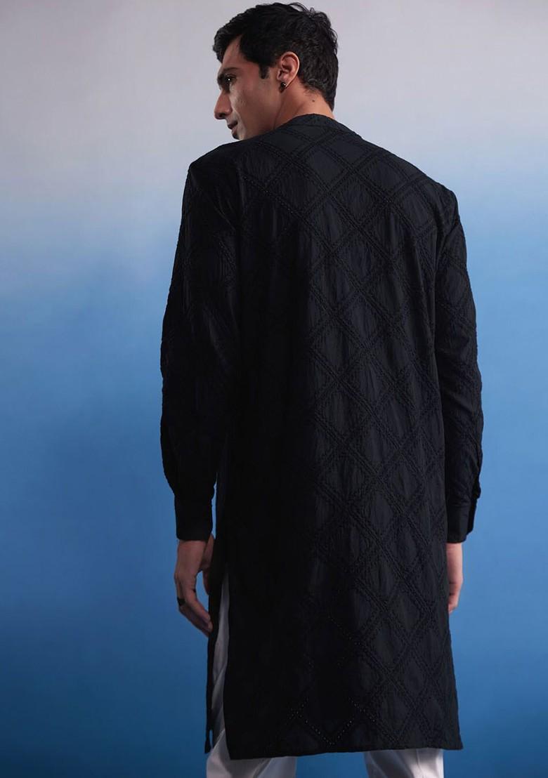 Black Embroidered Cotton Kurta For Men